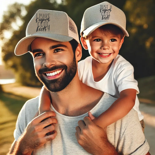 DALL·E 2025-03-21 12.32.22 - A caring father and his child wearing plain trucker caps without any logo or design. The father has a joyful expression as he carries his child on his