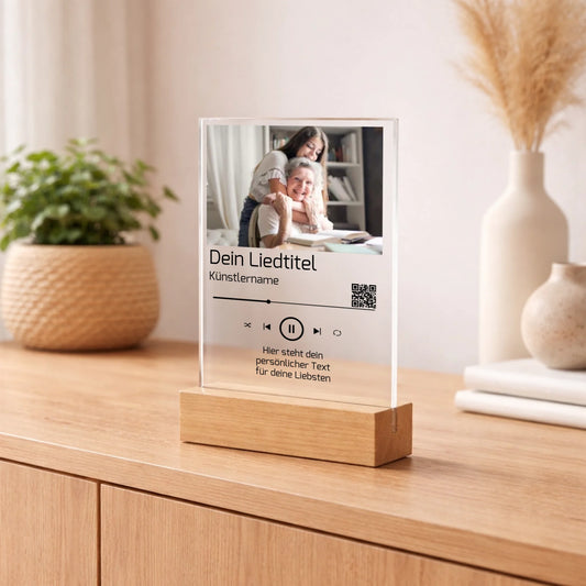 Personalisierter Acrylaufsteller mit Lied und Widmung mit QR-Code aus Acrylglas, weitere Produktansicht