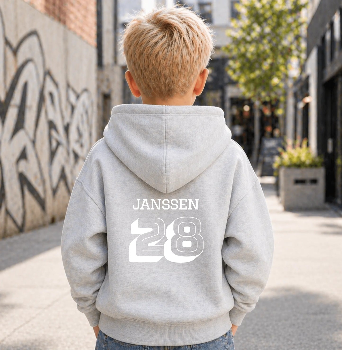 FamilySurprise-Kinderhoodie- junge-hinten-grau