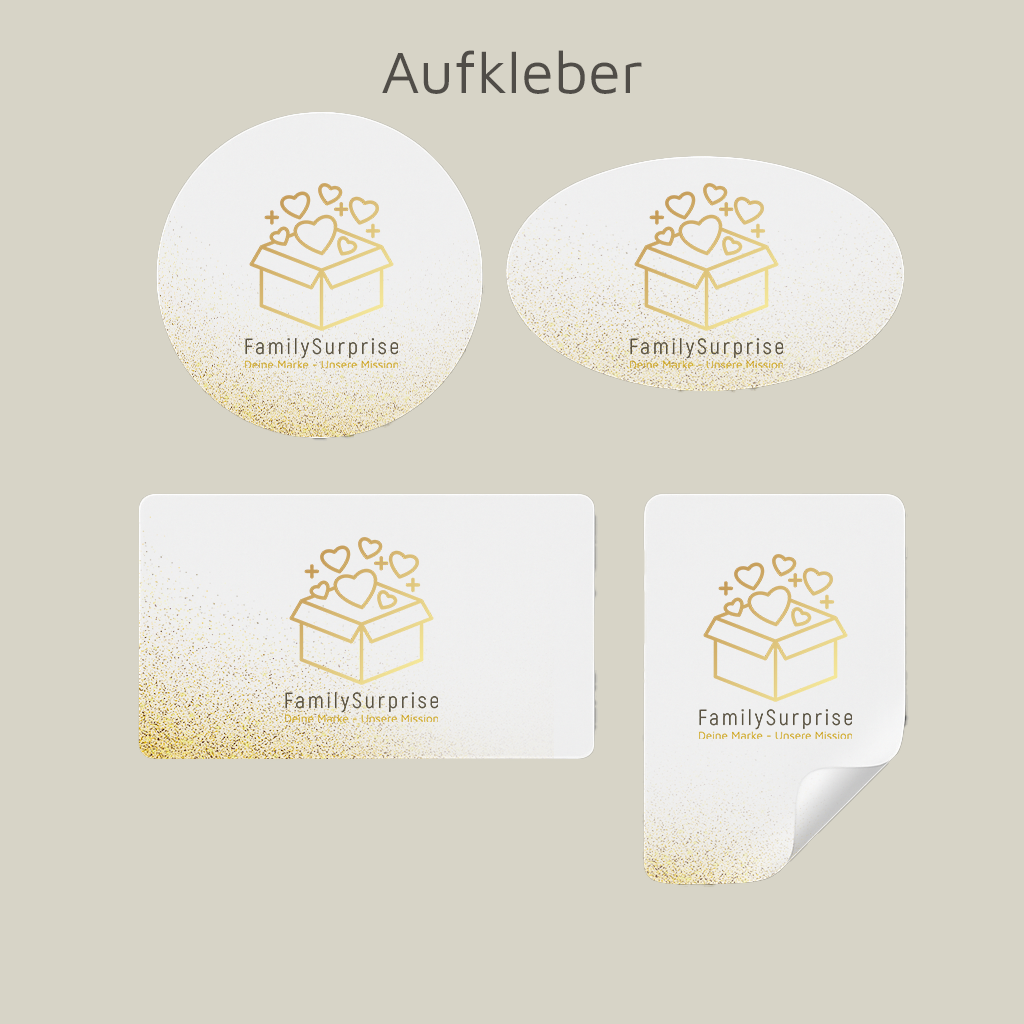 Konturgeschnittene Aufkleber in individuellen Formen mit dem „FamilySurprise“-Logo.