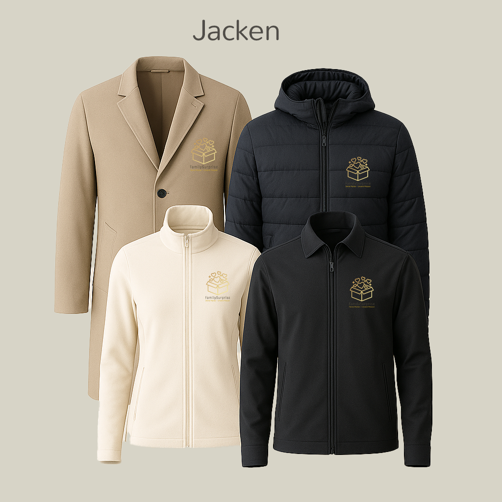 Mehrere Jackenmodelle, darunter Mantel, Winterjacke, Fleecejacke und Softshelljacke, alle mit dem FamilySurprise-Logo.