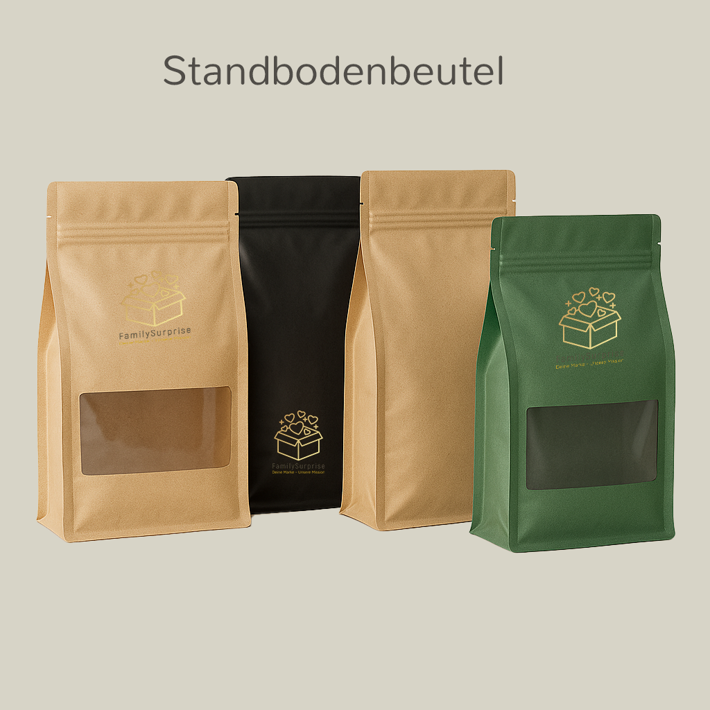 Vier Standbodenbeutel in Braun, Schwarz und Grün, teilweise mit Sichtfenster; optional kompostierbar nach EN13432 und mit Bio-Farben bedruckbar.