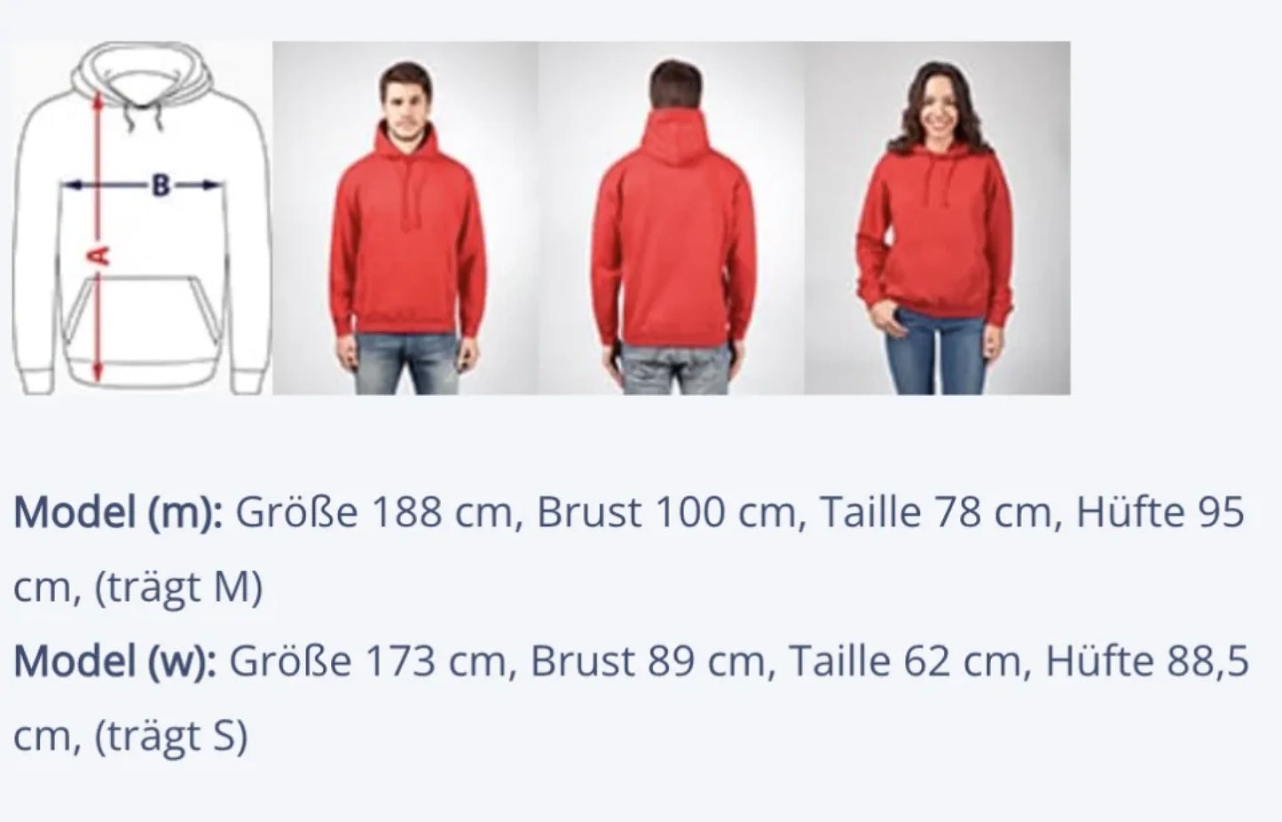 Grafik mit Maßskizze für Hoodie-Länge und -Breite sowie Fotos von Vorder- und Rückansicht. Ein männliches Model (188 cm, Brust 100 cm, Taille 78 cm, Hüfte 95 cm) trägt Größe M. Ein weibliches Model (173 cm, Brust 89 cm, Taille 62 cm, Hüfte 88,5 cm) trägt Größe S.