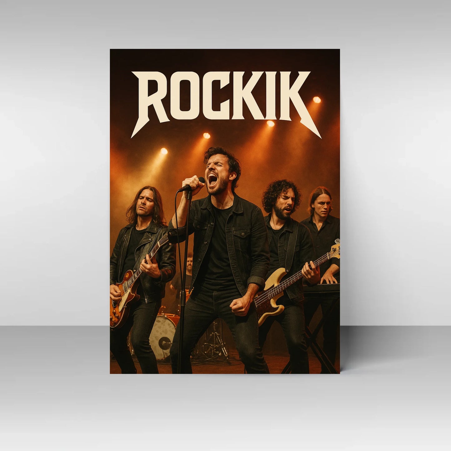 Poster mit großem Fotodruck einer Rockband auf der Bühne. Darüber steht in weißen Buchstaben der Schriftzug ‚ROCKIK‘. Motiv kann individuell angepasst werden.