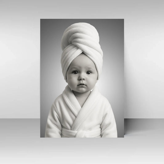 Poster mit Illustration eines Babys im weißen Bademantel und Handtuchturban. Der Kopf des Kindes  ist personalisierbar, Kleidung und Hintergrund bleiben fest.