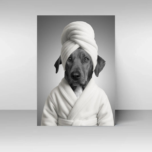 Poster mit Illustration eines Hundes im weißen Bademantel und Handtuchturban. Der Hundekopf ist personalisierbar, Kleidung und Hintergrund bleiben fest.
