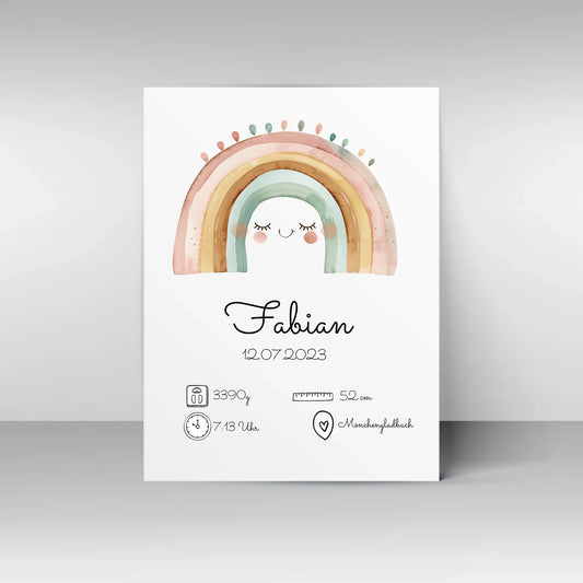 Poster mit personalisierbarem Design. Oben ein Aquarell-Regenbogen in sanften Farben. Darunter Platz für den Namen des Kindes, das Geburtsdatum sowie Angaben wie Gewicht, Größe, Uhrzeit und Geburtsort. Beispiel: Fabian, 12.07.2023, 3390 g, 52 cm, 7:13 Uhr, Mönchengladbach
