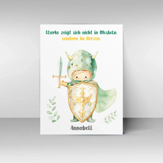 Poster mit wählbarem Clipart-Motiv, hier als Beispiel ein kleiner Ritter mit Schwert, Schild und Umhang. Darüber ein variabler Spruch, unten ein personalisierbarer Name. Sowohl Motiv als auch Text können aus verschiedenen Varianten ausgewählt werden.