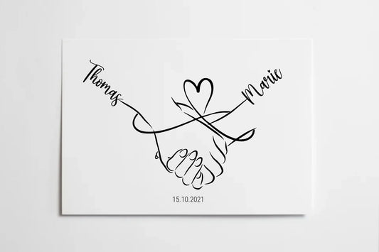 oster mit minimalistischer Zeichnung zweier Hände, die sich halten. Darüber eine geschwungene Linie in Herzform, links und rechts personalisierbare Namen. Unten Platz für ein Datum, hier als Beispiel 15.10.2021.