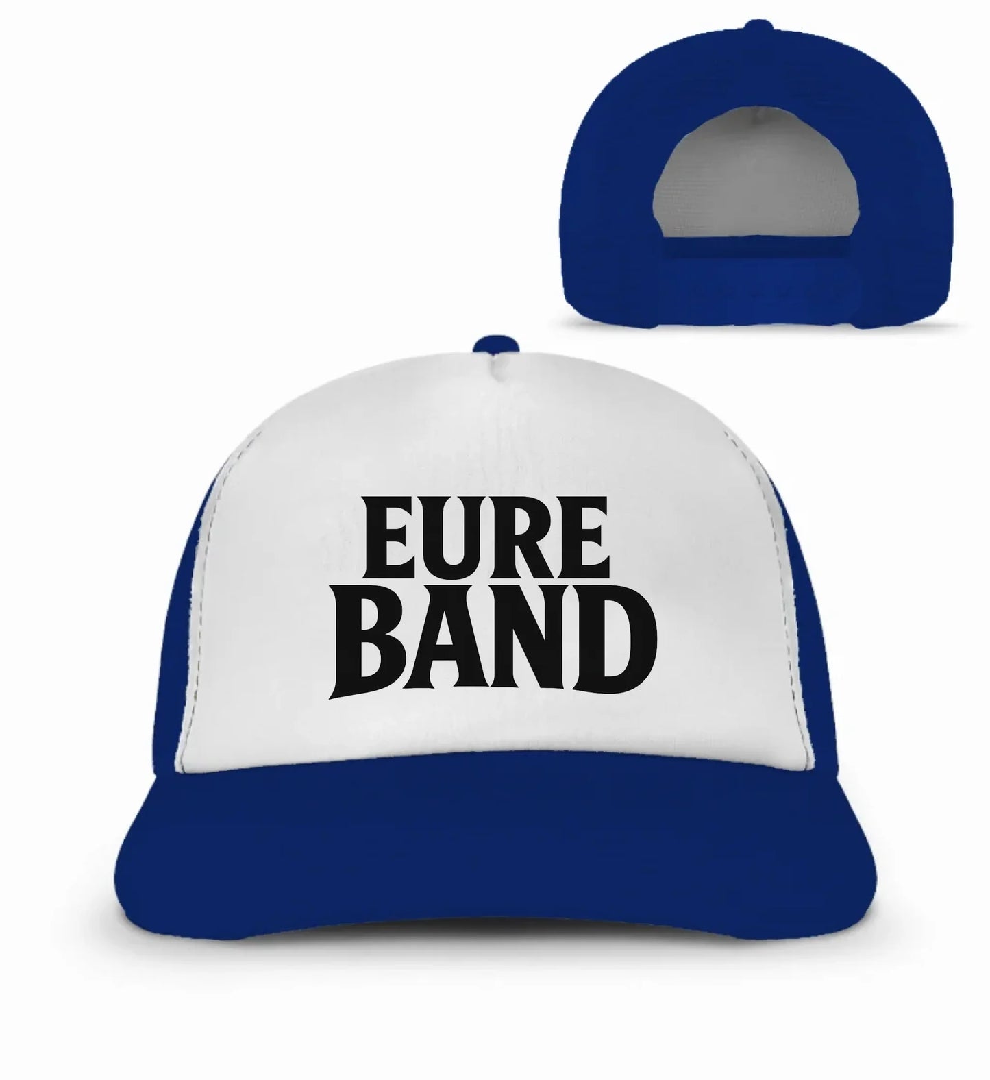 Basecap in Blau und Weiß mit dem Aufdruck ‚Eure Band‘ auf der Vorderseite. Der Schriftzug kann individuell mit dem eigenen Bandnamen gestaltet werden.