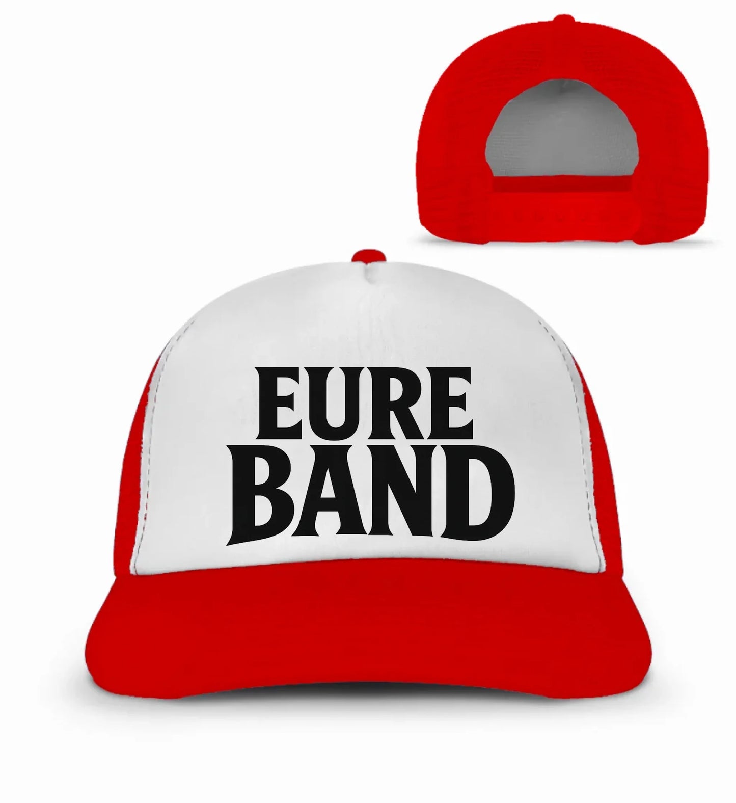 Basecap in rot und Weiß mit dem Aufdruck ‚Eure Band‘ auf der Vorderseite. Der Schriftzug kann individuell mit dem eigenen Bandnamen gestaltet werden.