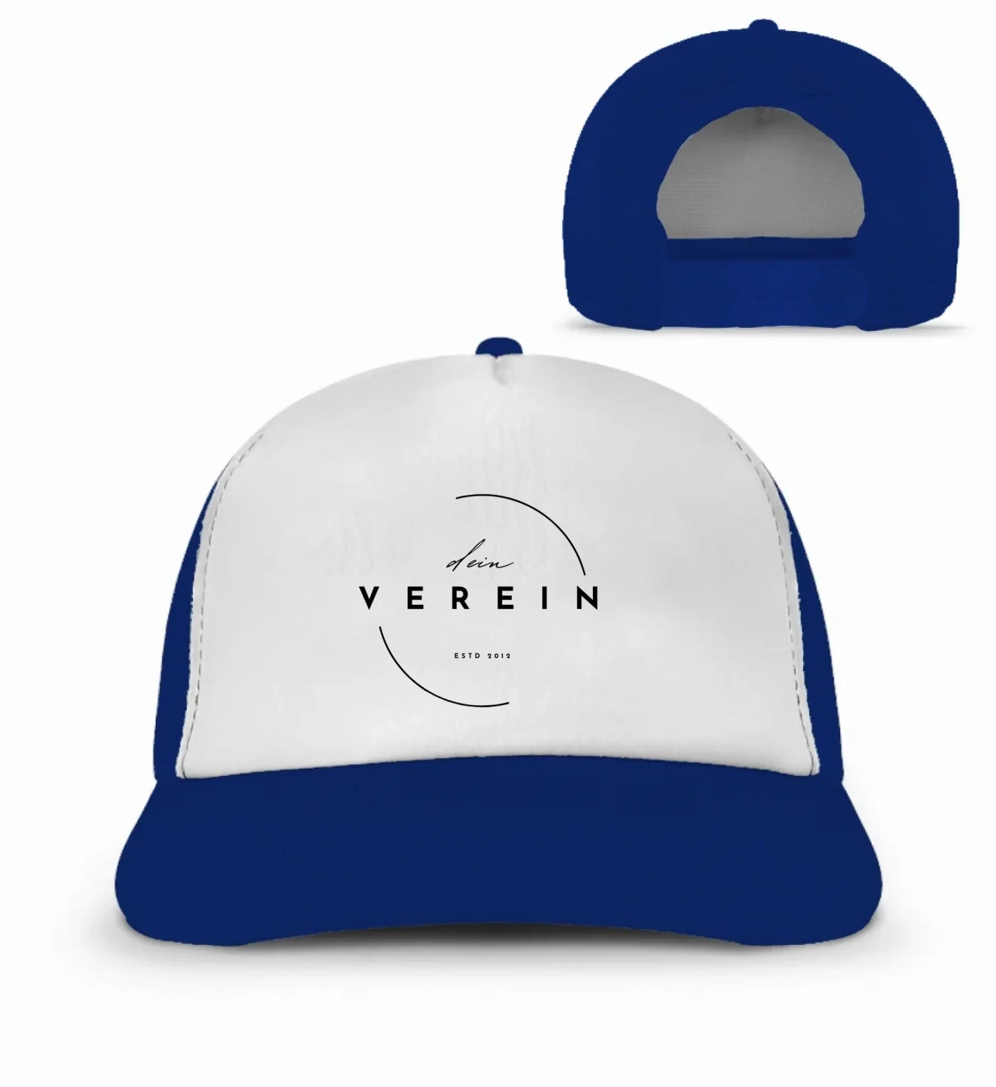 Basecap in Blau und Weiß mit dem Aufdruck ‚dein Verein – estd 2018‘ auf der Vorderseite. Die Cap kann individuell mit dem eigenen Vereinsnamen gestaltet werden.