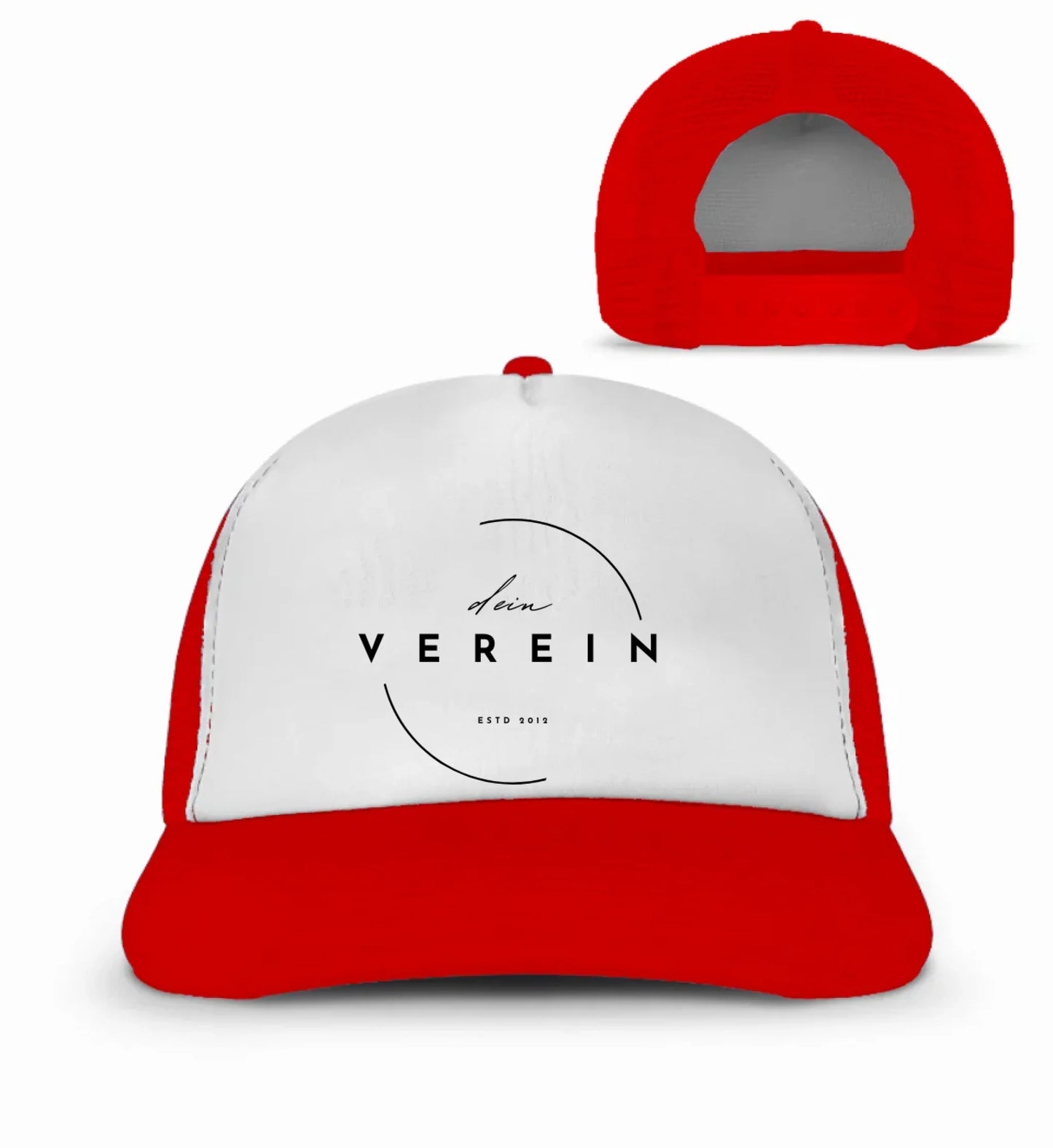 Basecap in rot und Weiß mit dem Aufdruck ‚dein Verein – estd 2018‘ auf der Vorderseite. Die Cap kann individuell mit dem eigenen Vereinsnamen gestaltet werden