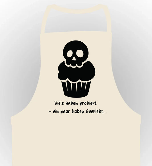 schürze beige mit muffin und dem Spruch iele haben probiert - en paar haben überlebt