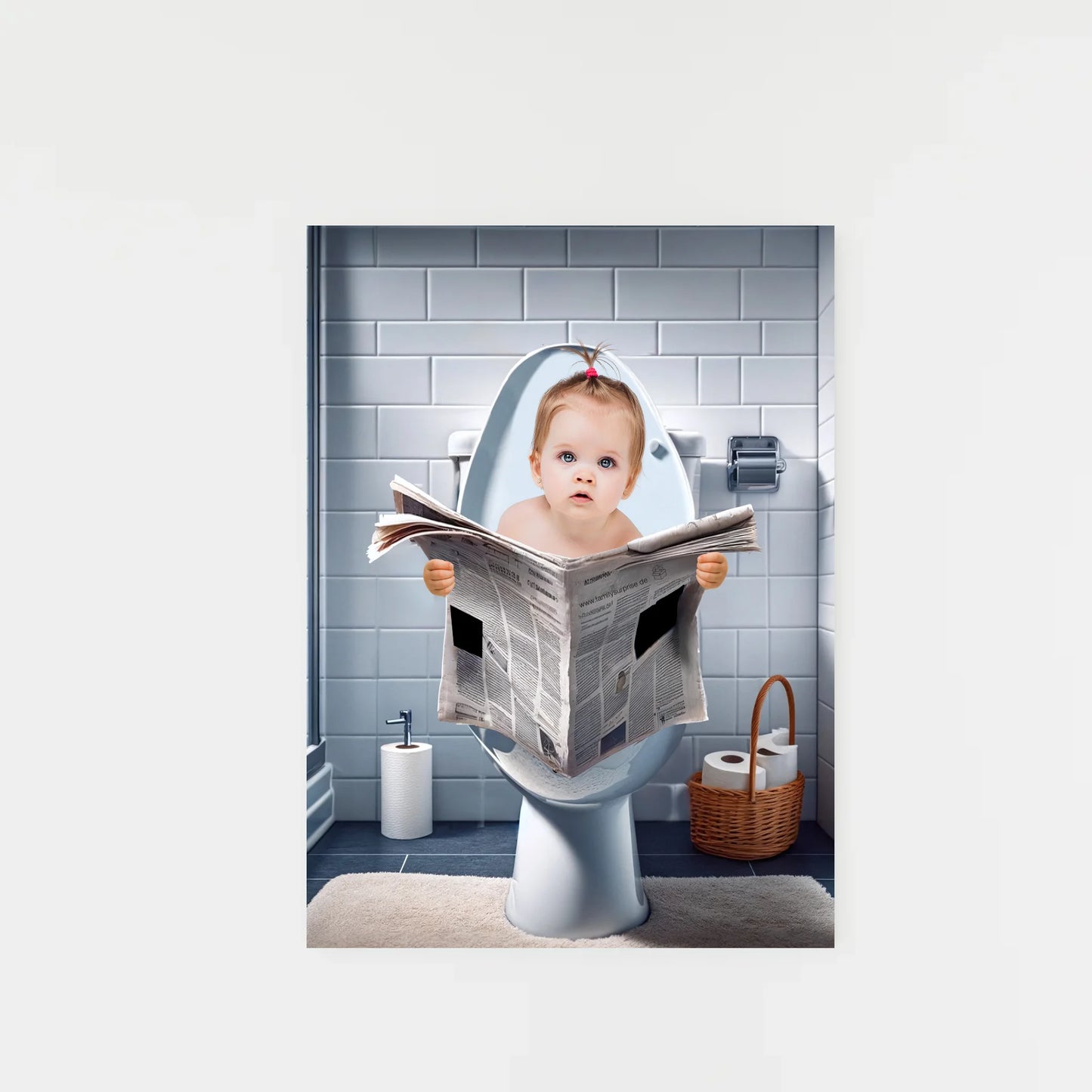 Poster mit Illustration eines Babys, das auf einer Toilette sitzt und eine Zeitung hält. Der Oberkörper ist personalisierbar, die Hände sind in verschiedenen Varianten auswählbar. Badezimmer-Hintergrund, Toilette und Zeitung bleiben fest.