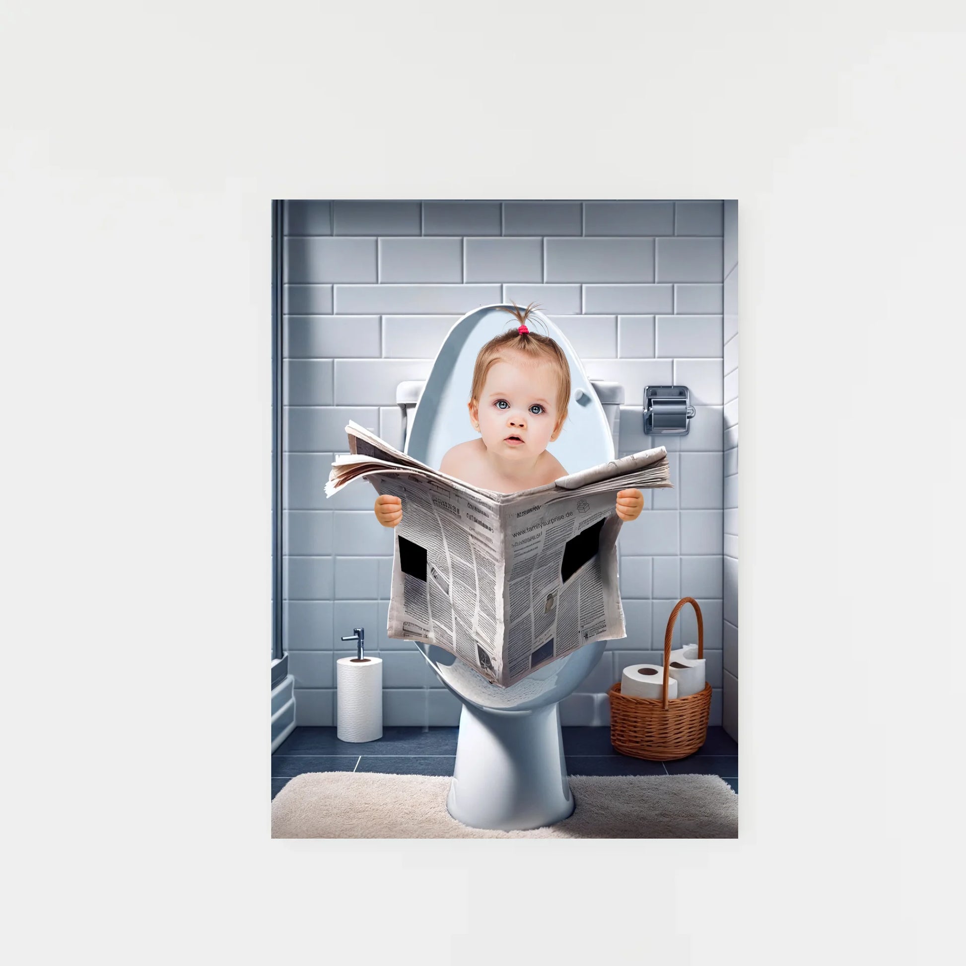 Poster mit Illustration eines Babys, das auf einer Toilette sitzt und eine Zeitung hält. Der Oberkörper ist personalisierbar, die Hände sind in verschiedenen Varianten auswählbar. Badezimmer-Hintergrund, Toilette und Zeitung bleiben fest.