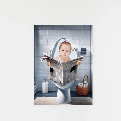 Poster mit Illustration eines Babys, das auf einer Toilette sitzt und eine Zeitung hält. Der Oberkörper ist personalisierbar, die Hände sind in verschiedenen Varianten auswählbar. Badezimmer-Hintergrund, Toilette und Zeitung bleiben fest.