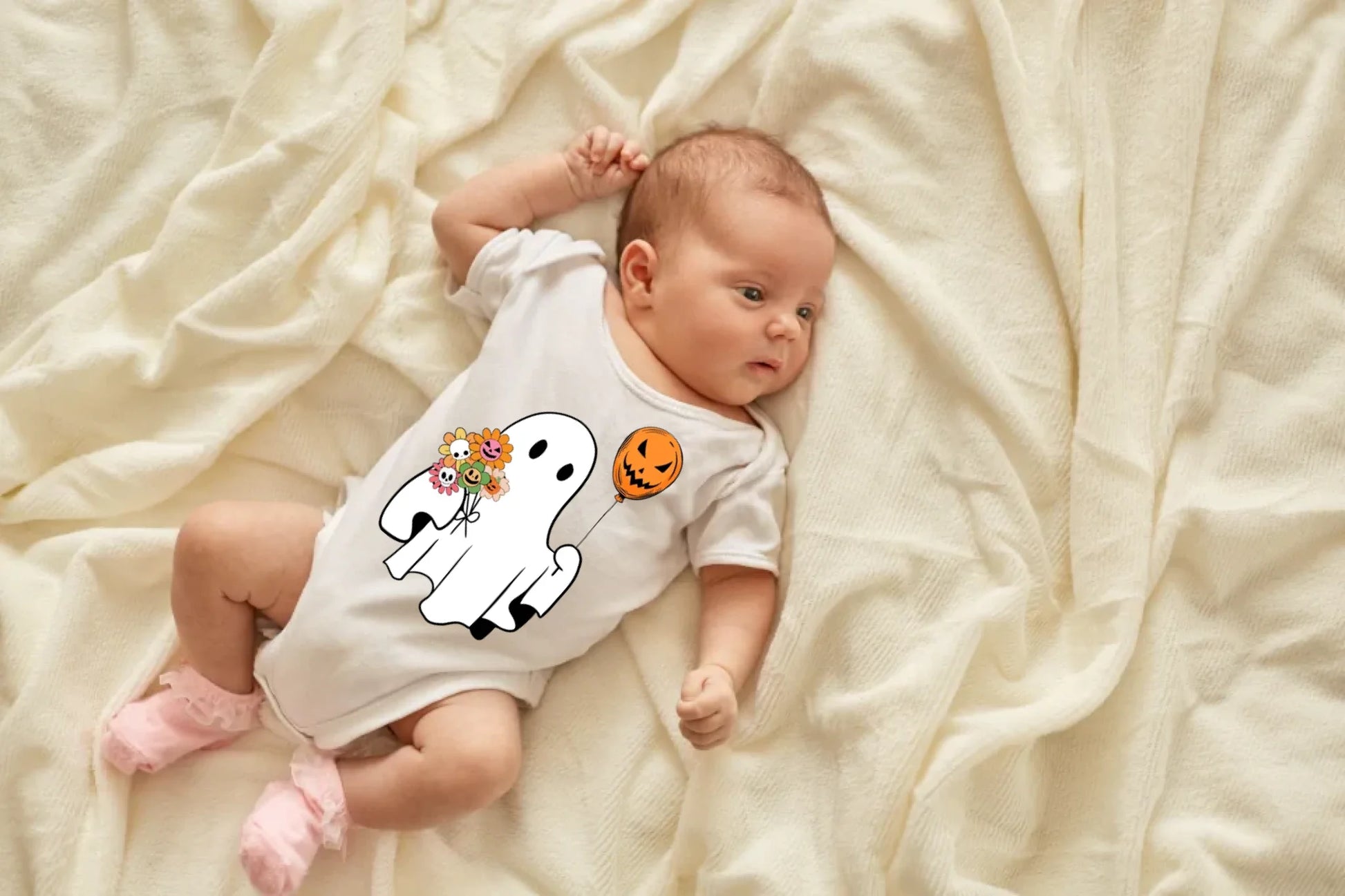 newborn-baby-girl-boy-lying-blanket-bed-looking-away-wearing-white-bodysuit-socks-infant-studying-world-around-has-sleepy-expression