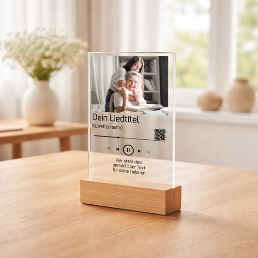 Personalisierter Acrylaufsteller mit Lied und Widmung mit QR-Code aus Acrylglas