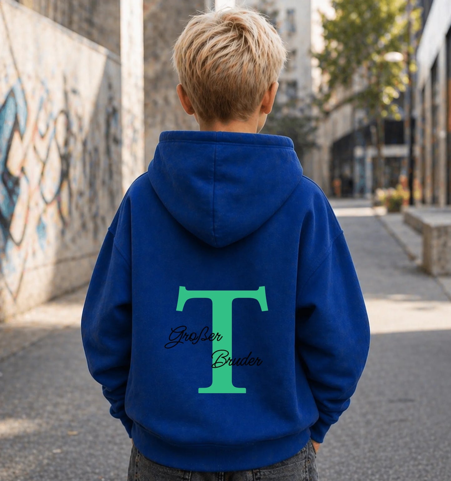 FamilySurprise-Kinderhoodie- junge-hinten-blau