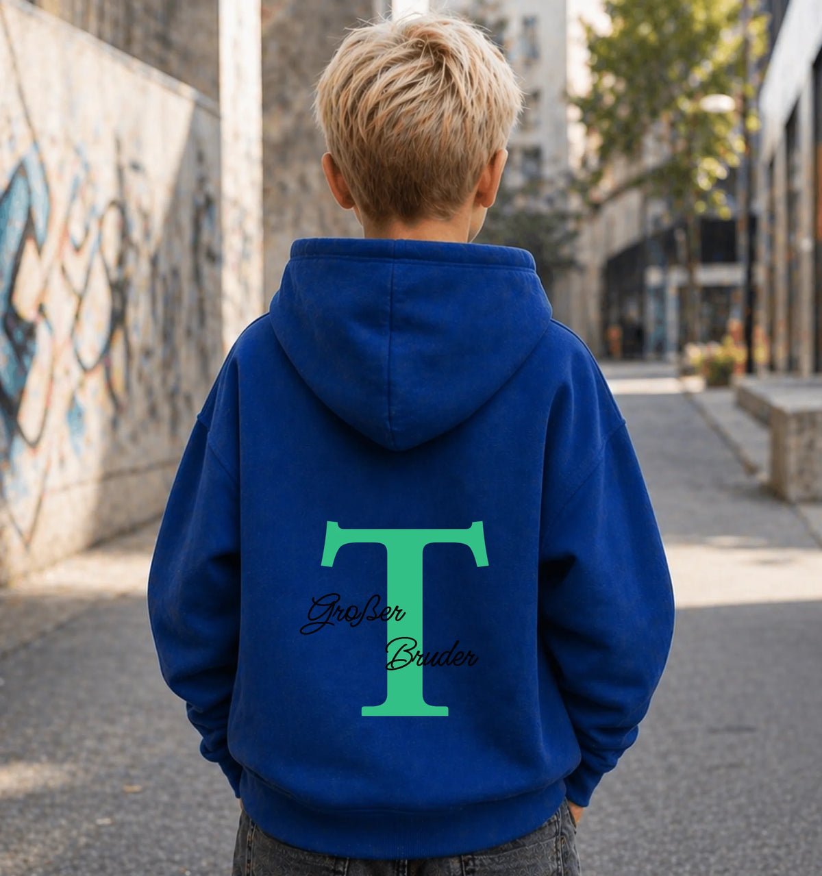 FamilySurprise-Kinderhoodie- junge-hinten-blau
