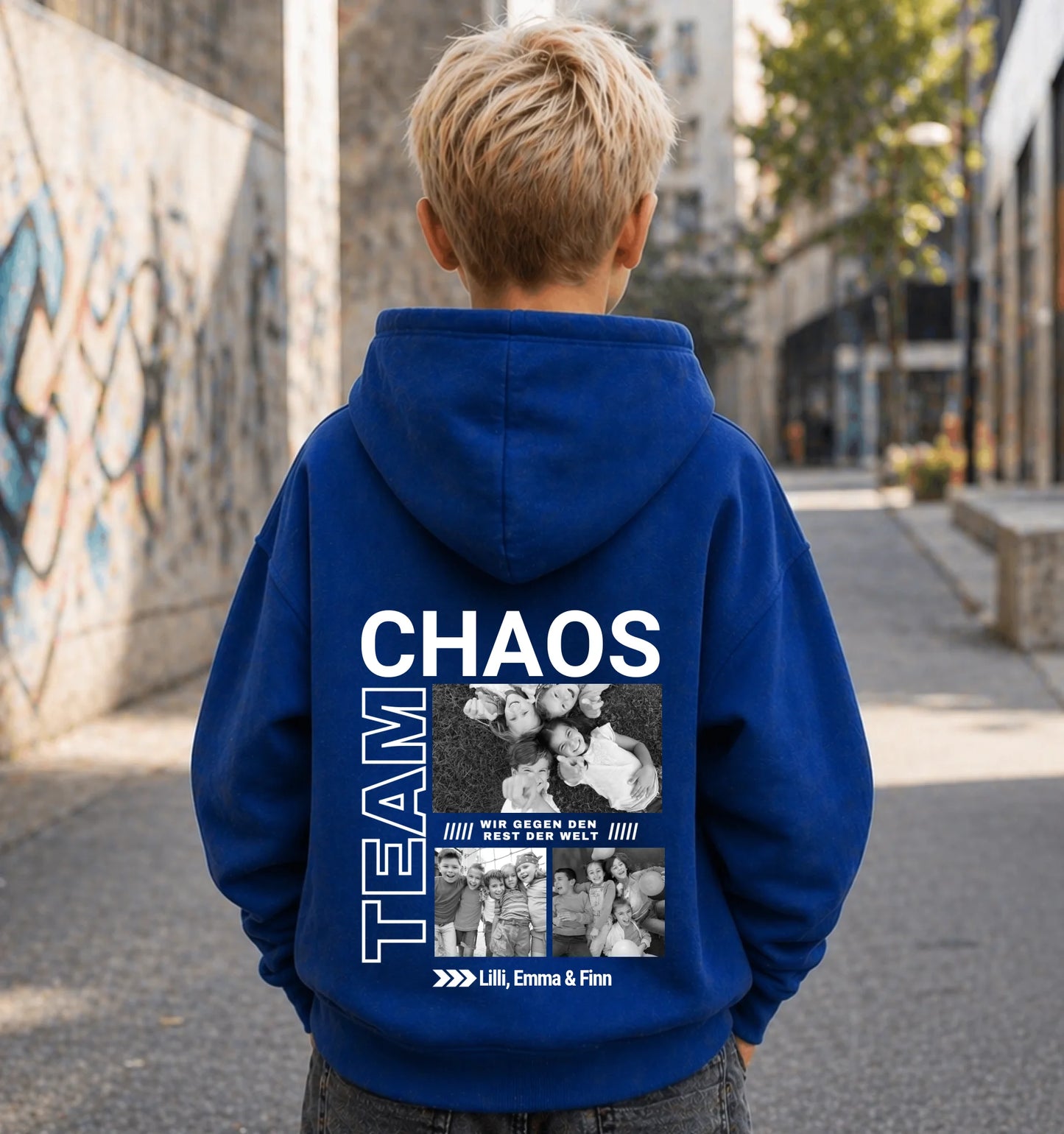 FamilySurprise-Kinderhoodie- junge-hinten-blau