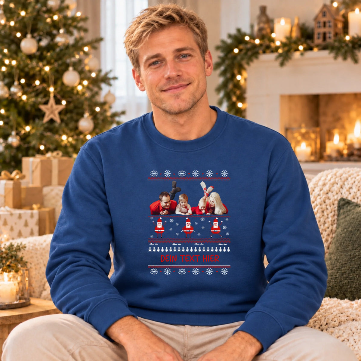 Gemütliches Weihnachtsporträt im blauen Sweatshirt
