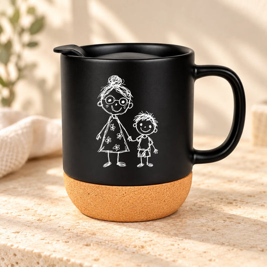 FamilySurprise_Mattschwarzer Becher mit Korkboden