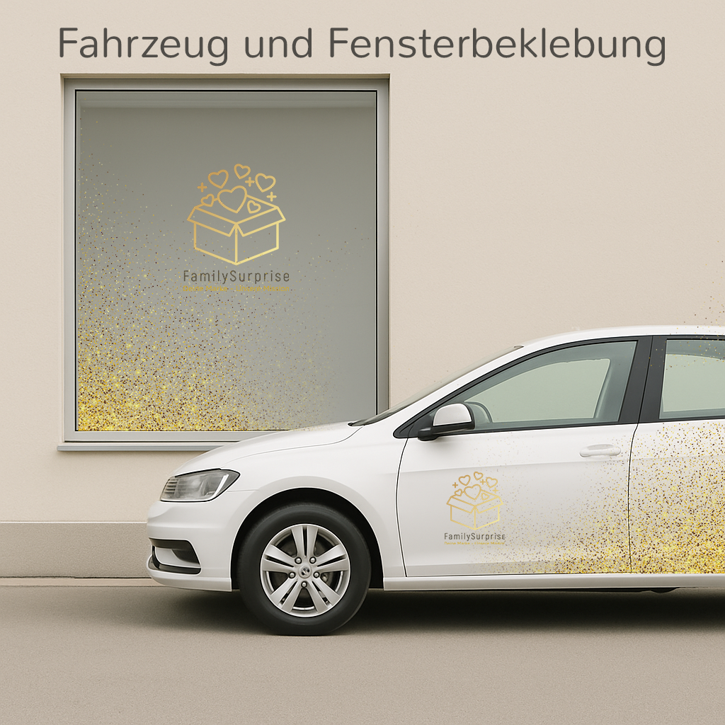 Ein weißes Auto und ein Schaufenster, beide mit einer gold-weißen FamilySurprise-Folienbeklebung versehen.