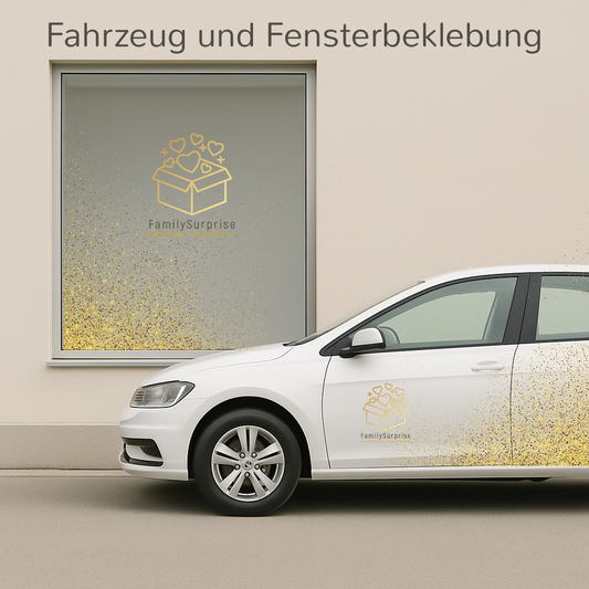 Ein weißes Auto und ein Schaufenster, beide mit einer gold-weißen FamilySurprise-Folienbeklebung versehen.