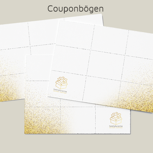 Mehrere perforierte Couponbögen mit dem „FamilySurprise“-Logo und goldfarbenem Verlauf am unteren Rand.