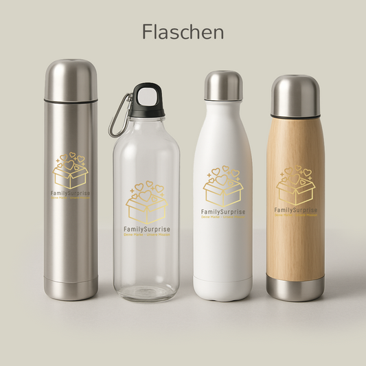 Vier verschiedene Trinkflaschen aus Edelstahl, Glas und Kunststoff mit dem „FamilySurprise“-Logo, in einer Reihe stehend.