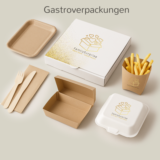 Verschiedene Gastroverpackungen wie Snackboxen, Besteck, Schalen und Becher mit dem „FamilySurprise“-Logo.