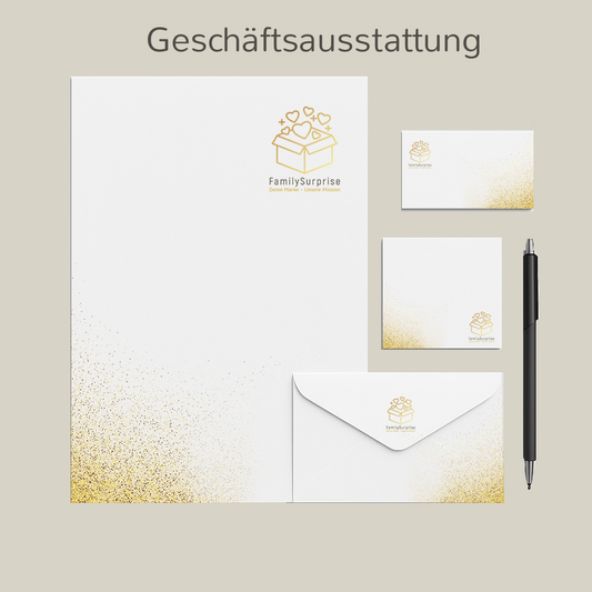 Geschäftsausstattung bestehend aus Briefpapier, Umschlägen, Visitenkarten und einem Stift, jeweils mit dem „FamilySurprise“-Logo.