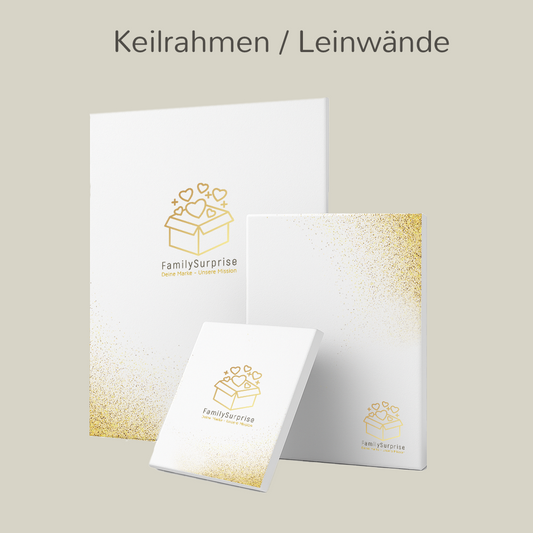 Mehrere Leinwände und Keilrahmen in unterschiedlichen Formaten mit dem „FamilySurprise“-Logo, auf einem Bildschirm dargestellt.