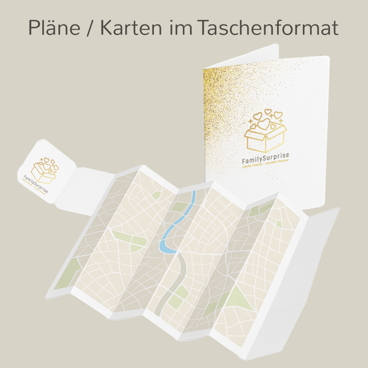 Gefaltete Taschenkarte mit Stadtplan sowie passende Coverkarte mit dem „FamilySurprise“-Logo, auf einem Bildschirm dargestellt.