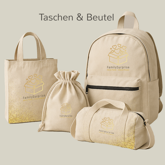 Verschiedene Taschenmodelle wie Stoffbeutel, Turnbeutel, Rucksack und Sporttasche mit dem „FamilySurprise“-Logo, auf einem Bildschirm dargestellt.