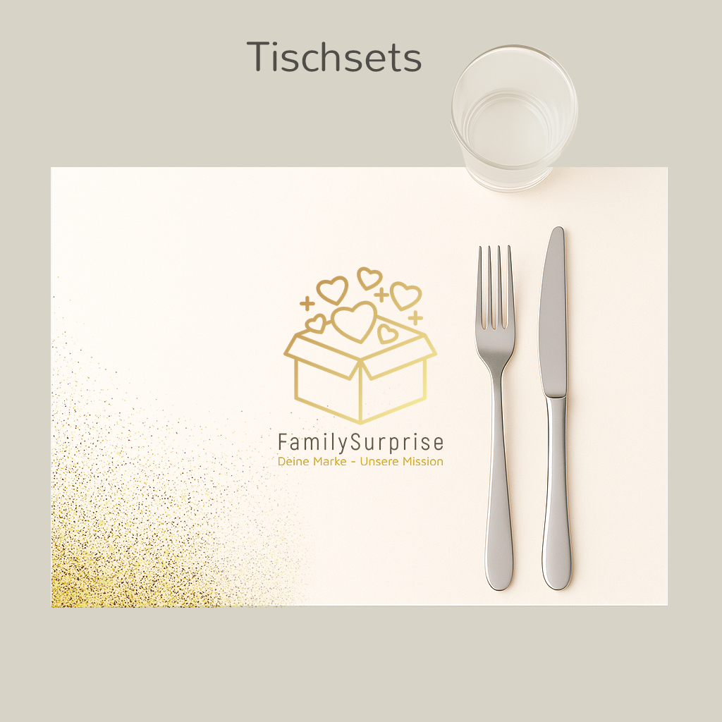 Tischset mit dem goldfarbenen „FamilySurprise“-Logo, ergänzt durch Besteck und Becher, auf einem Bildschirm dargestellt.
