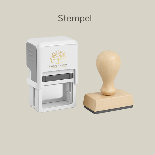 Automatikstempel und Holzstempel mit dem „FamilySurprise“-Logo, auf einem Bildschirm dargestellt.