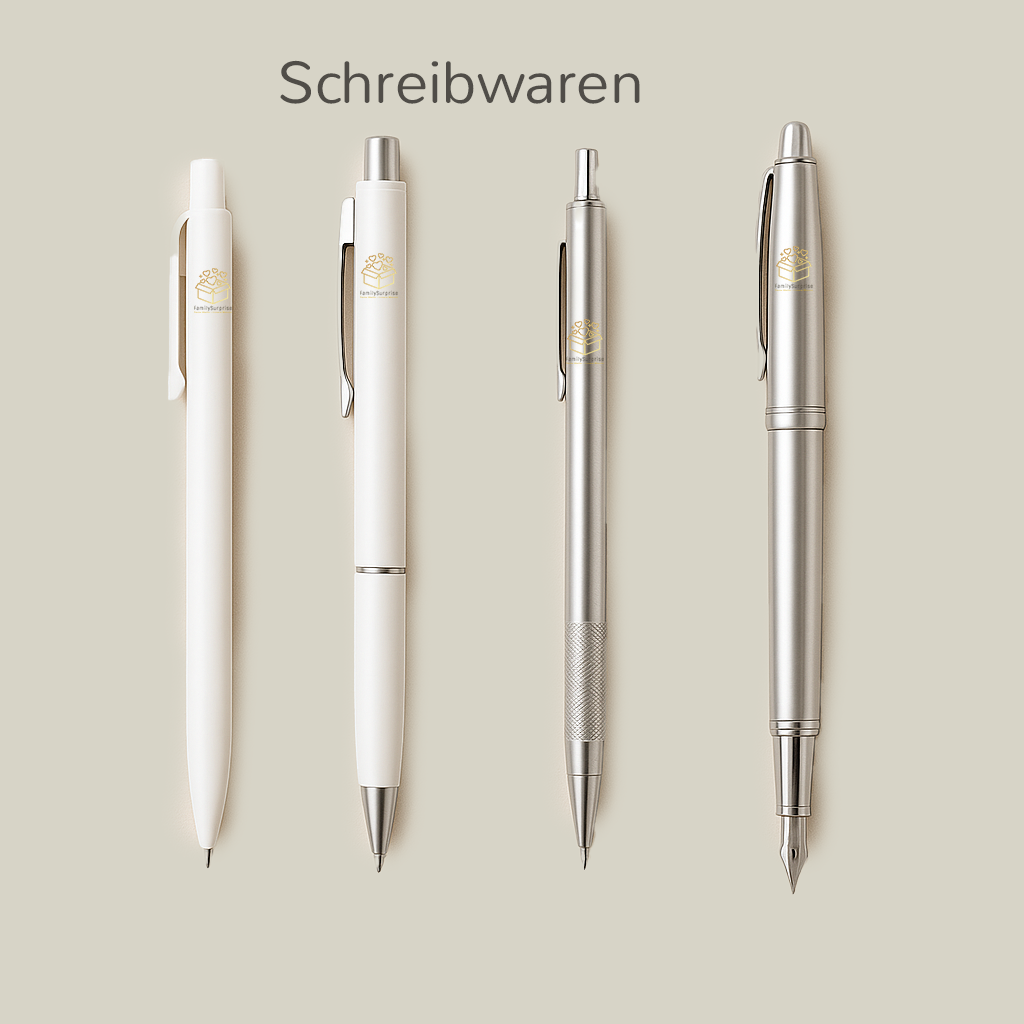 Vier unterschiedliche Kugelschreiber in Weiß und Silber mit dem FamilySurprise-Logo.