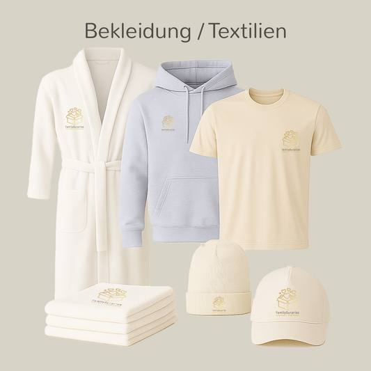 Bademantel, Hoodie, T-Shirt, Mütze, Cap und Handtücher mit dem „FamilySurprise“-Logo auf einem Bildschirm dargestellt.