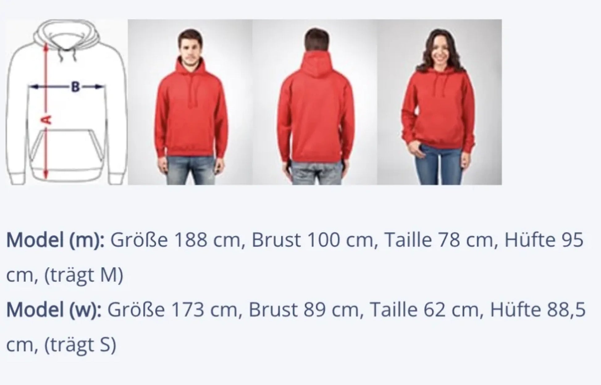 Grafik mit Maßskizze für Hoodie-Länge und -Breite sowie Fotos von Vorder- und Rückansicht. Ein männliches Model (188 cm, Brust 100 cm, Taille 78 cm, Hüfte 95 cm) trägt Größe M. Ein weibliches Model (173 cm, Brust 89 cm, Taille 62 cm, Hüfte 88,5 cm) trägt Größe S.