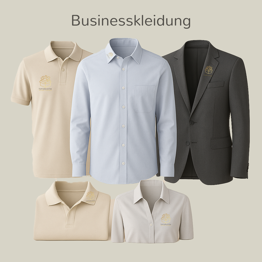 Mehrere Businesskleidungsstücke wie Poloshirts, Hemden und ein Blazer, alle mit dem FamilySurprise-Logo.