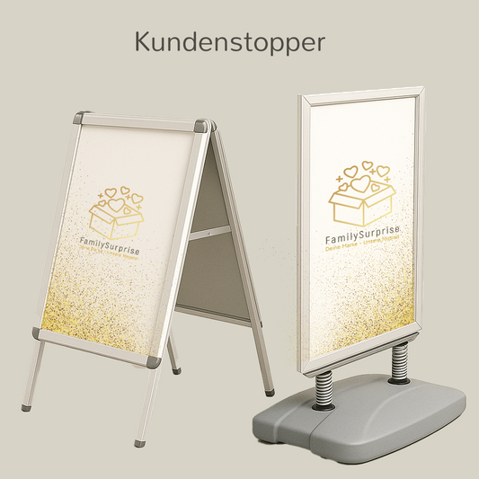 Zwei verschiedene Kundenstopper-Modelle mit dem „FamilySurprise“-Logo, auf einem Bildschirm dargestellt.