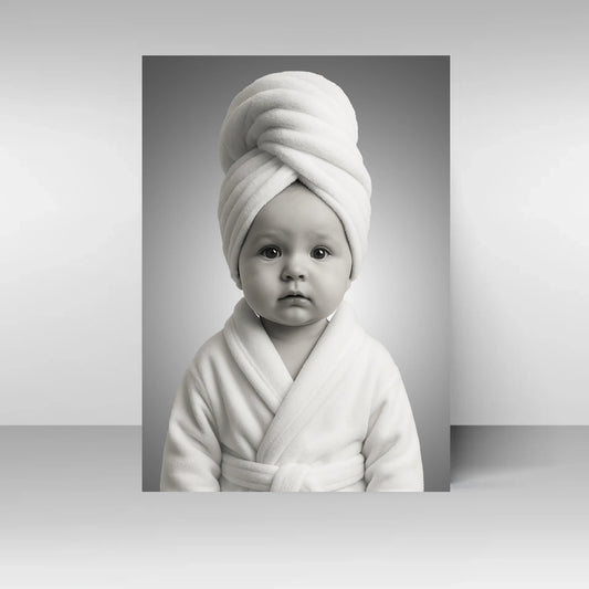 Poster mit Illustration eines Babys im weißen Bademantel und Handtuchturban. Der Kopf des Kindes  ist personalisierbar, Kleidung und Hintergrund bleiben fest.