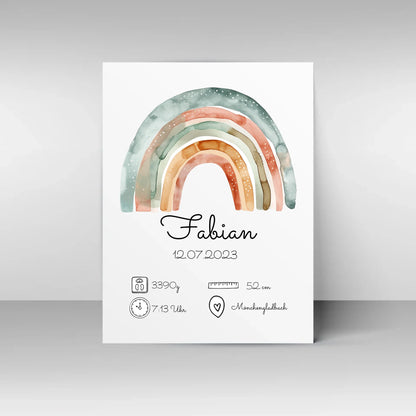 Poster mit personalisierbarem Design. Oben ein Aquarell-Regenbogen in sanften Farben. Darunter Platz für den Namen des Kindes, das Geburtsdatum sowie Angaben wie Gewicht, Größe, Uhrzeit und Geburtsort. Beispiel: Fabian, 12.07.2023, 3390 g, 52 cm, 7:13 Uhr, Mönchengladbach