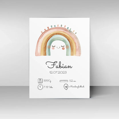 Poster mit personalisierbarem Design. Oben ein Aquarell-Regenbogen in sanften Farben. Darunter Platz für den Namen des Kindes, das Geburtsdatum sowie Angaben wie Gewicht, Größe, Uhrzeit und Geburtsort. Beispiel: Fabian, 12.07.2023, 3390 g, 52 cm, 7:13 Uhr, Mönchengladbach