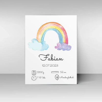 Poster mit personalisierbarem Design. Oben ein Aquarell-Regenbogen in sanften Farben. Darunter Platz für den Namen des Kindes, das Geburtsdatum sowie Angaben wie Gewicht, Größe, Uhrzeit und Geburtsort. Beispiel: Fabian, 12.07.2023, 3390 g, 52 cm, 7:13 Uhr, Mönchengladbach