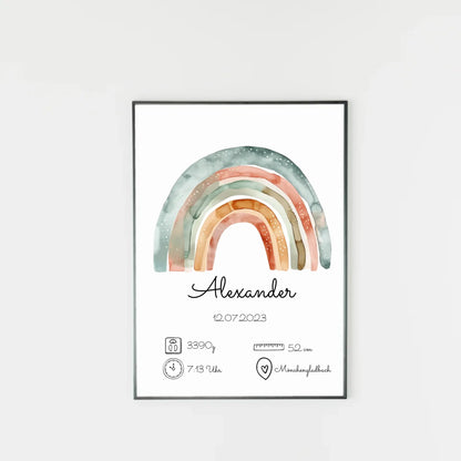 Poster mit personalisierbarem Design. Oben ein Aquarell-Regenbogen in sanften Farben. Darunter Platz für den Namen des Kindes, das Geburtsdatum sowie Angaben wie Gewicht, Größe, Uhrzeit und Geburtsort. Beispiel: Fabian, 12.07.2023, 3390 g, 52 cm, 7:13 Uhr, Mönchengladbach