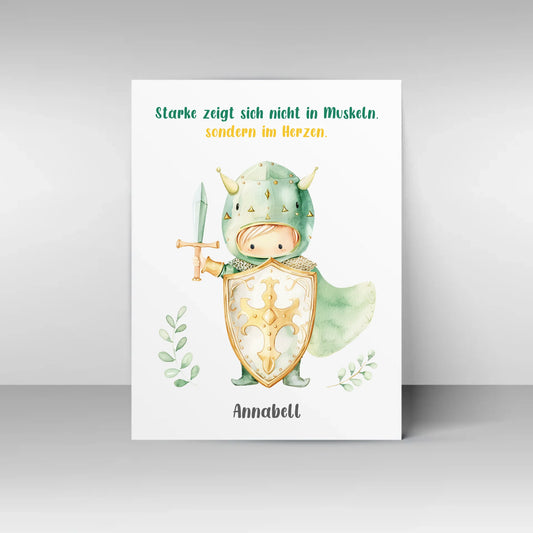 Poster mit wählbarem Clipart-Motiv, hier als Beispiel ein kleiner Ritter mit Schwert, Schild und Umhang. Darüber ein variabler Spruch, unten ein personalisierbarer Name. Sowohl Motiv als auch Text können aus verschiedenen Varianten ausgewählt werden.